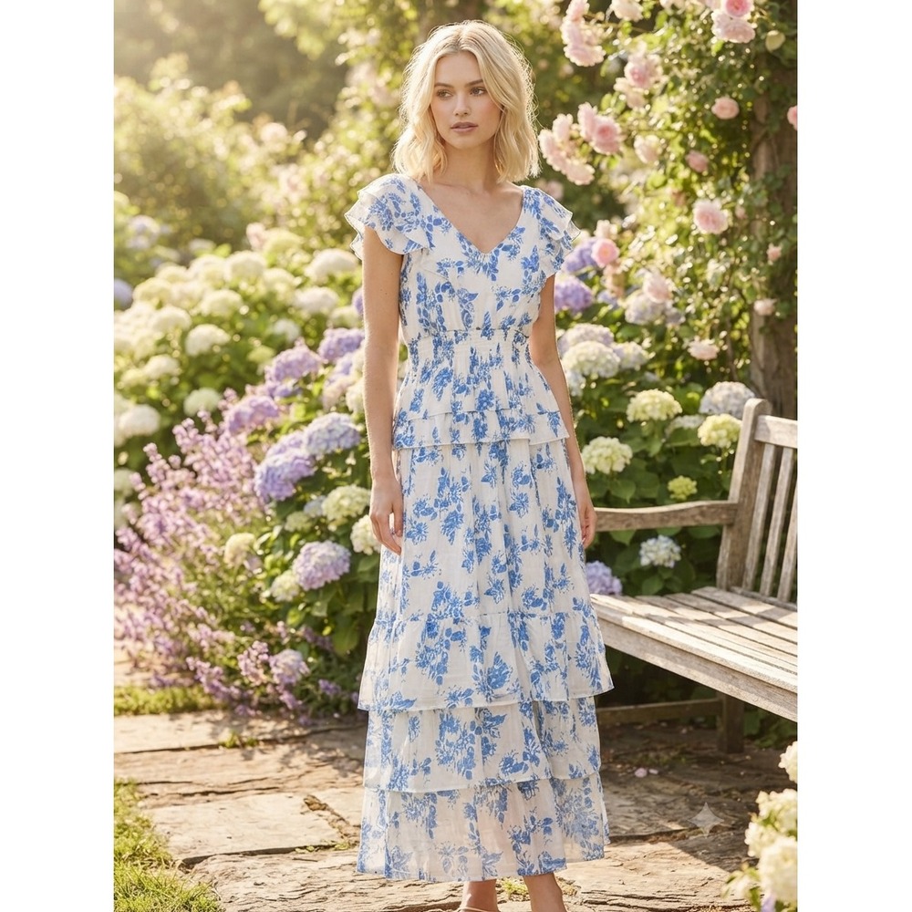 J. GEE Blue White Fairy Floral Smocked Tiered Boho Maxi Dress Ruffle V-Neck S